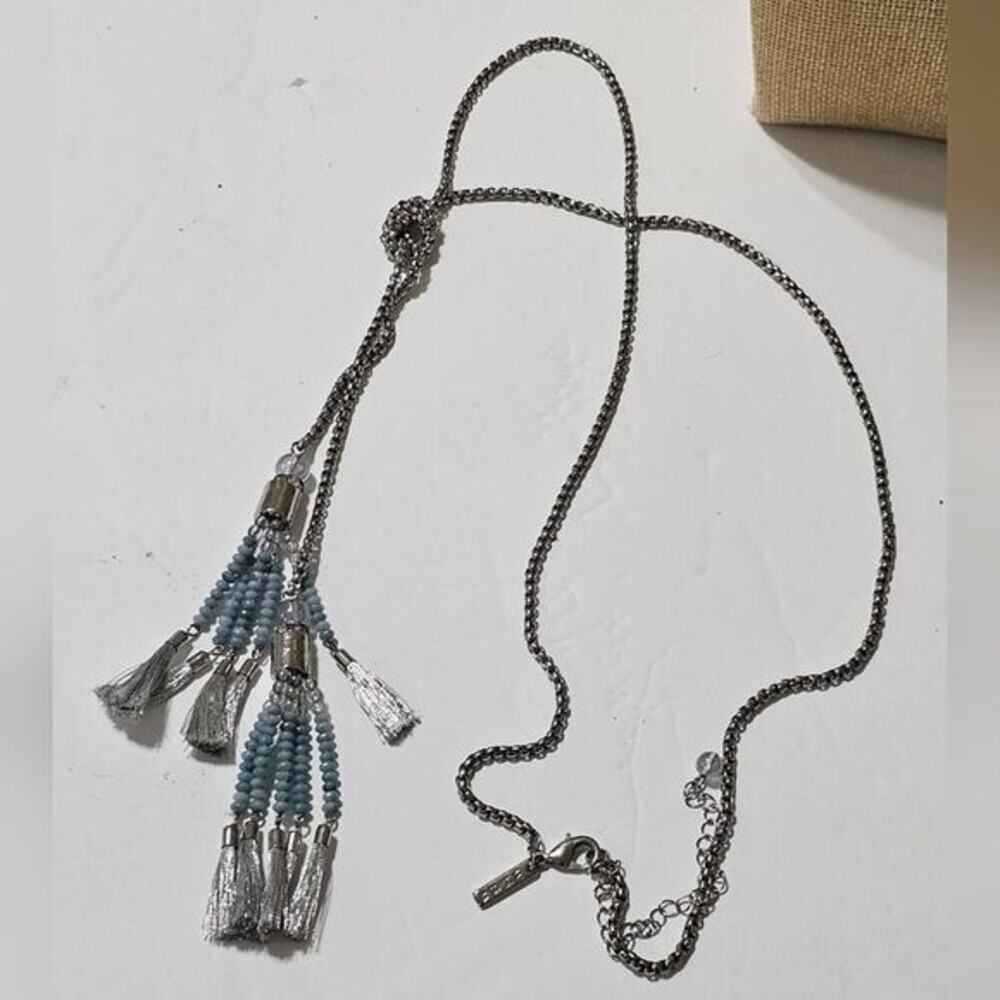 WHBM Blue Beaded Silver Tone Tassel Y Lariat Necklace